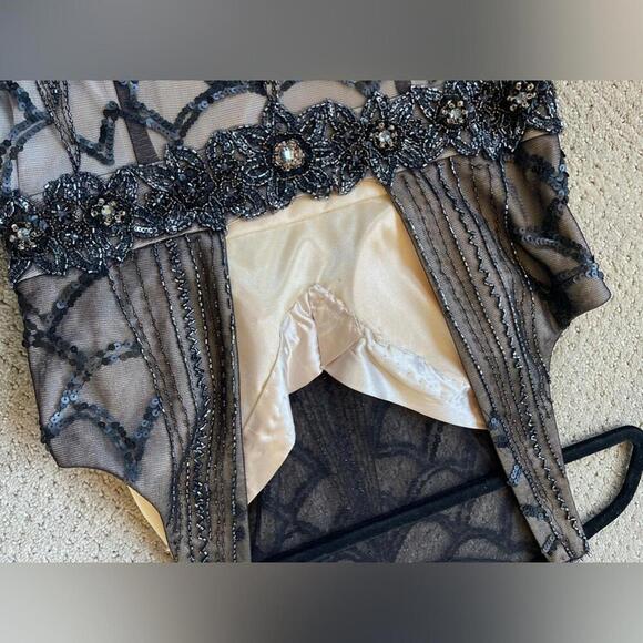 SUE WONG Black & nude beaded, sequin ostrich feather dress - Picture 8 of 9